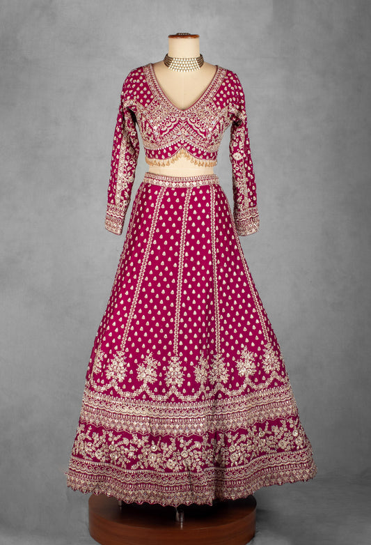 Wine zari and thread embroidered lehenga with designer crop top – product image 2
