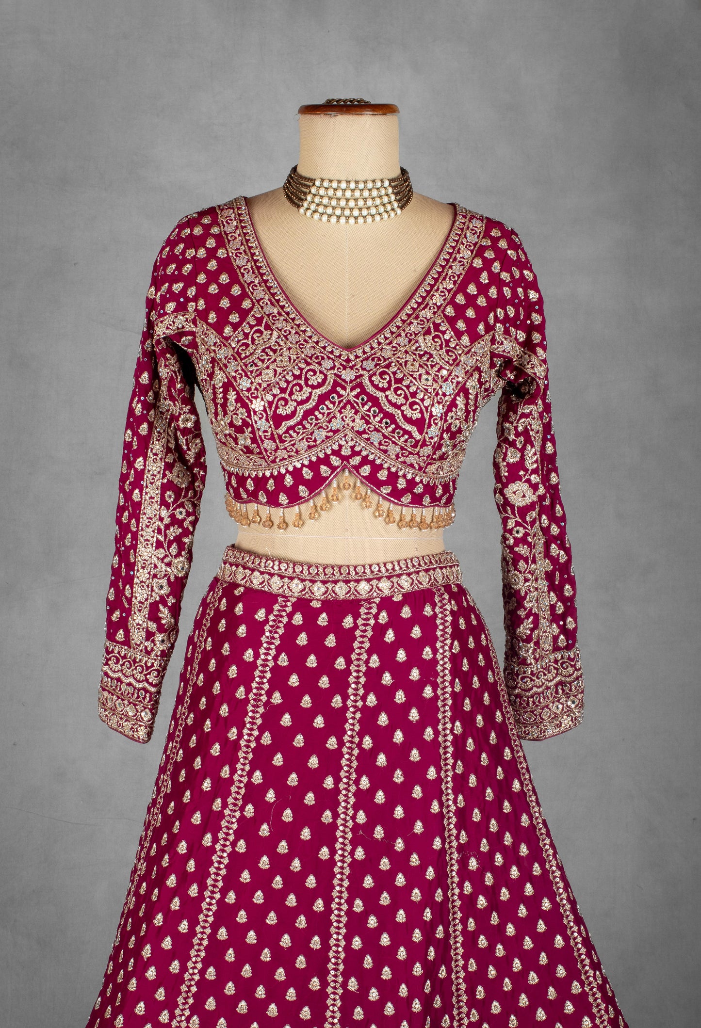Wine Heavy Zari & Thread Embroidered Lehenga Set with Designer Crop Top & Dupatta