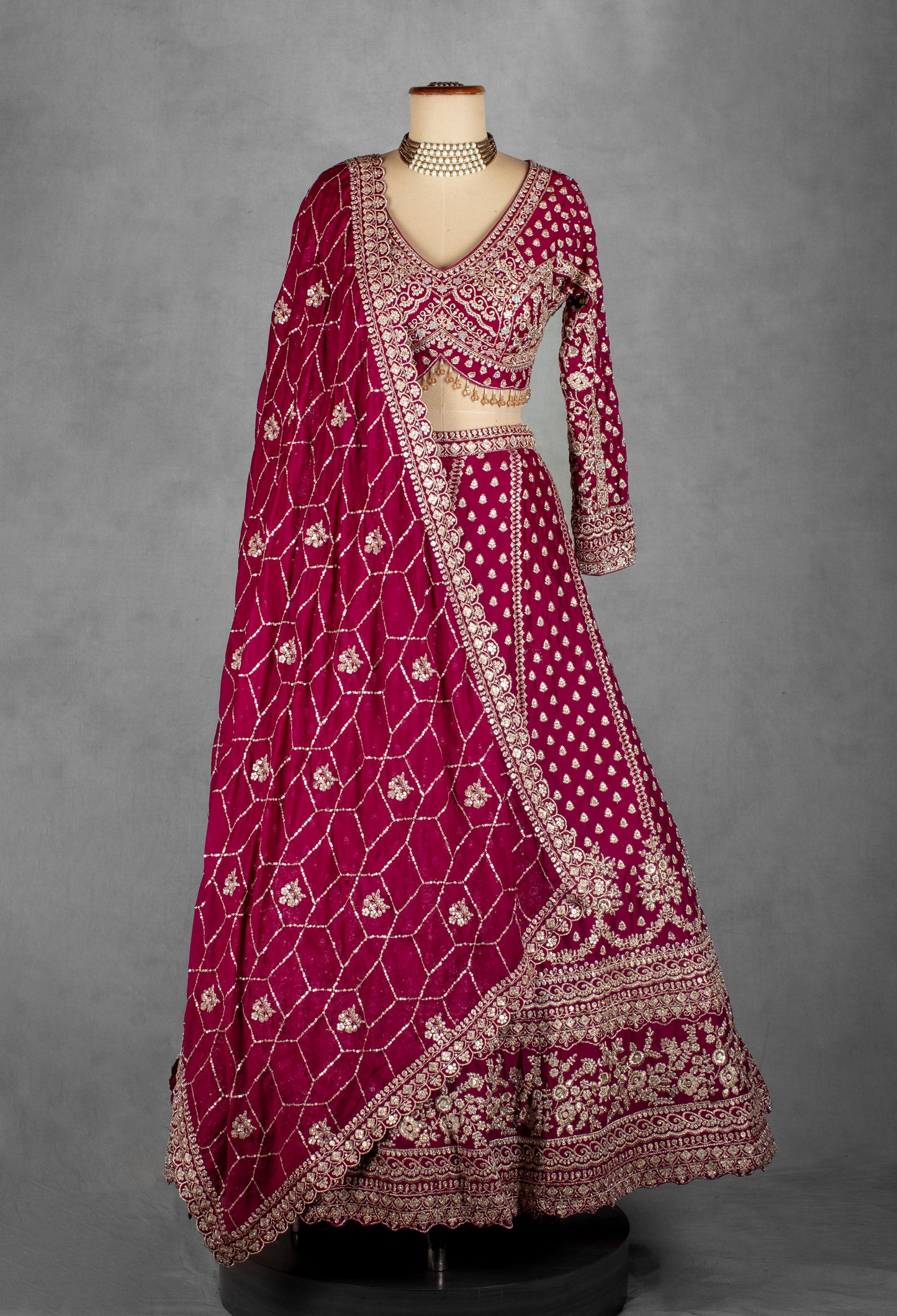 Wine Heavy Zari & Thread Embroidered Lehenga Set with Designer Crop Top & Dupatta