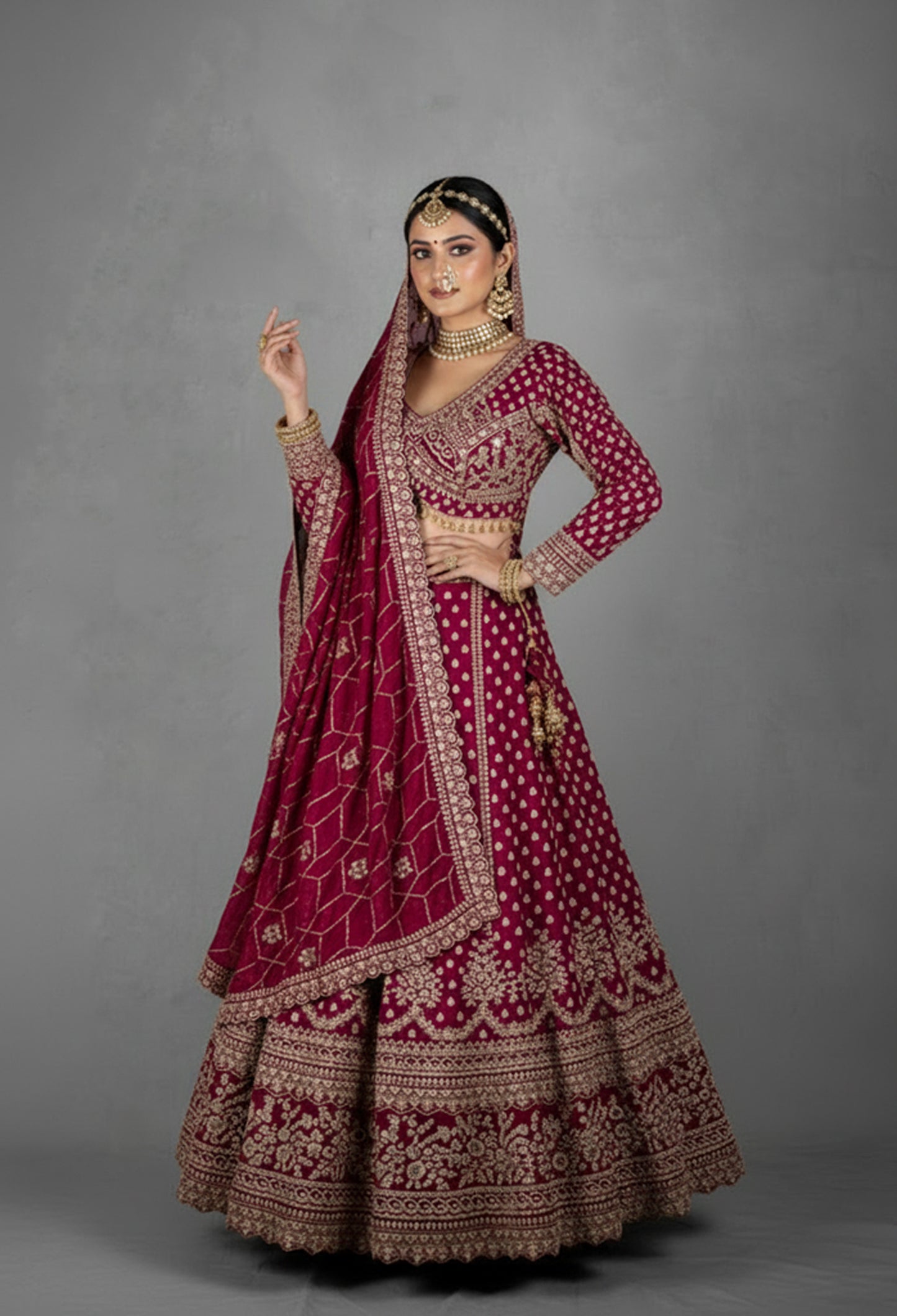 Wine Heavy Zari & Thread Embroidered Lehenga Set with Designer Crop Top & Dupatta