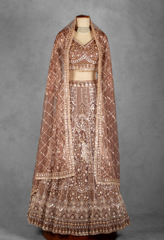 Bronze gold heavy embroidered bridal lehenga with net dupatta – product image 2
