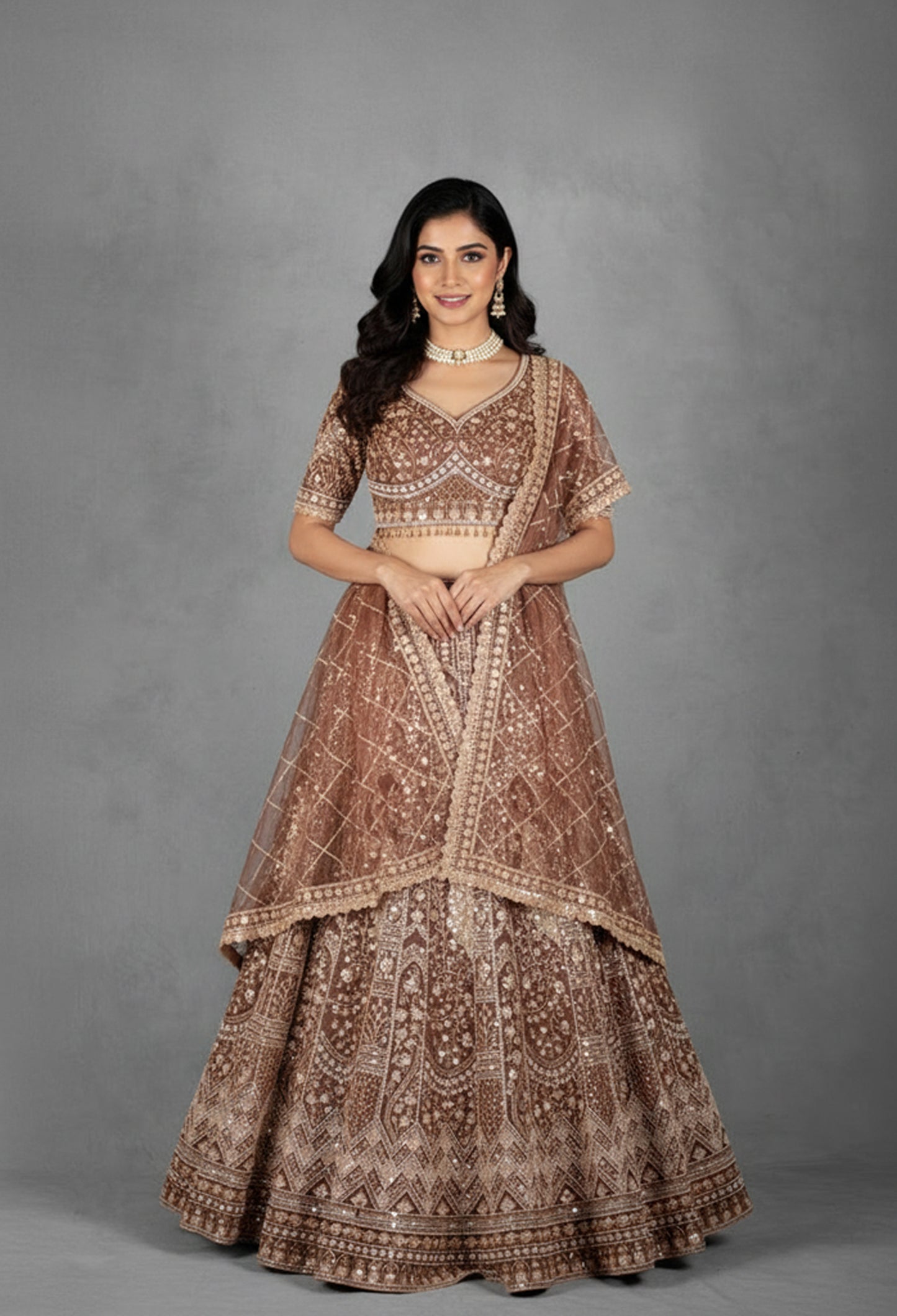 Bronze Gold Heavy Embroidered Bridal Lehenga Set with Designer Blouse & Net Dupatta | Luxury Wedding Wear