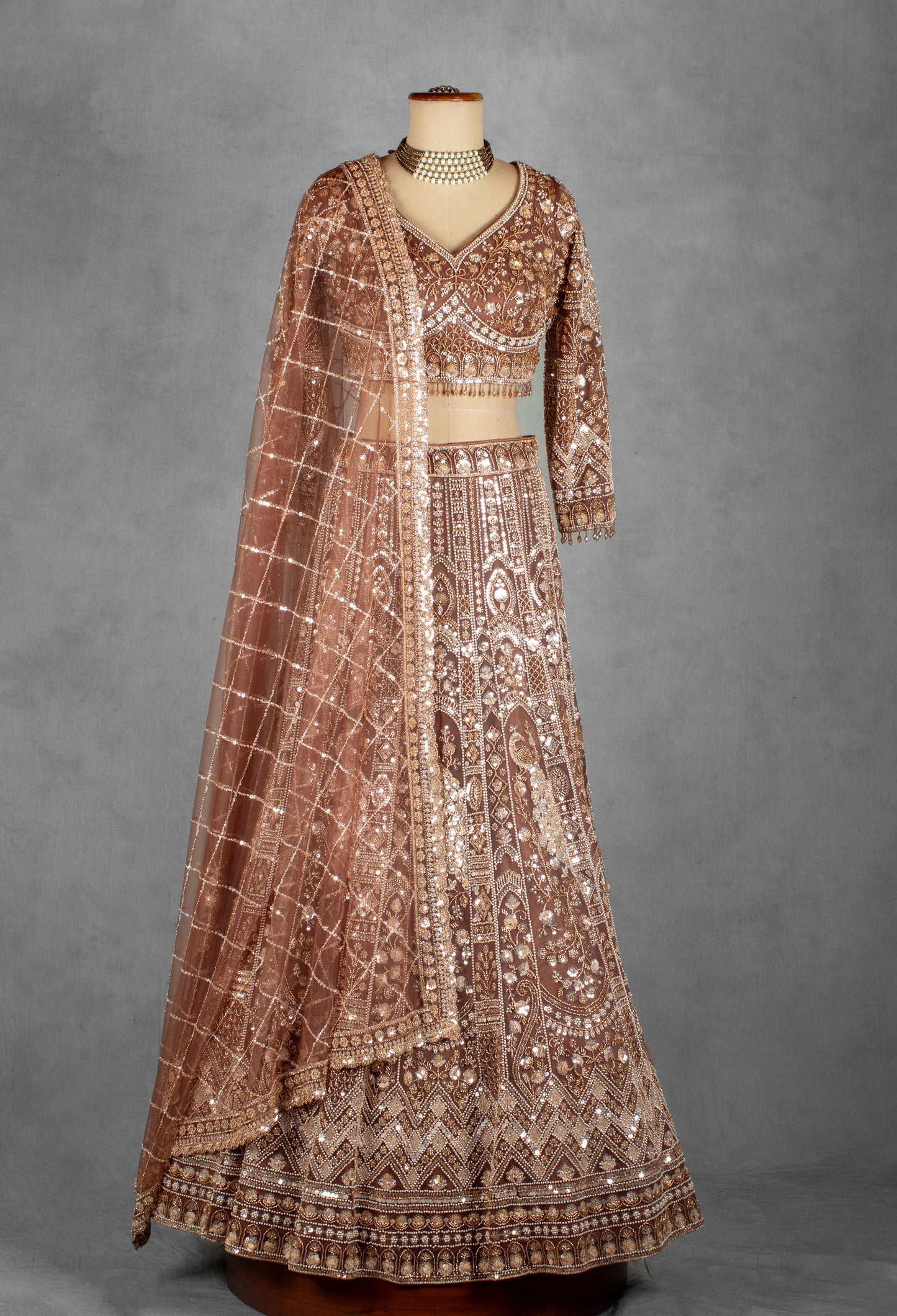 Bronze Gold Heavy Embroidered Bridal Lehenga Set with Designer Blouse & Net Dupatta | Luxury Wedding Wear