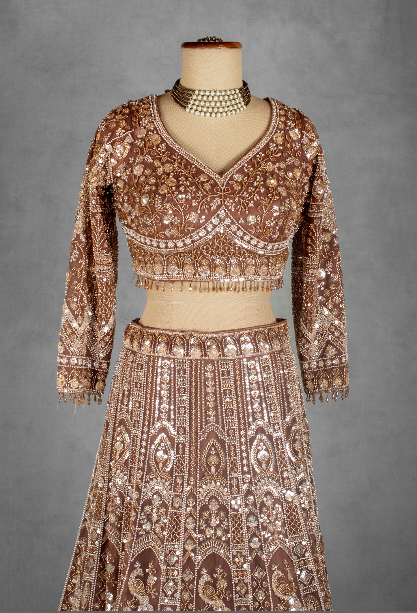 Bronze Gold Heavy Embroidered Bridal Lehenga Set with Designer Blouse & Net Dupatta | Luxury Wedding Wear