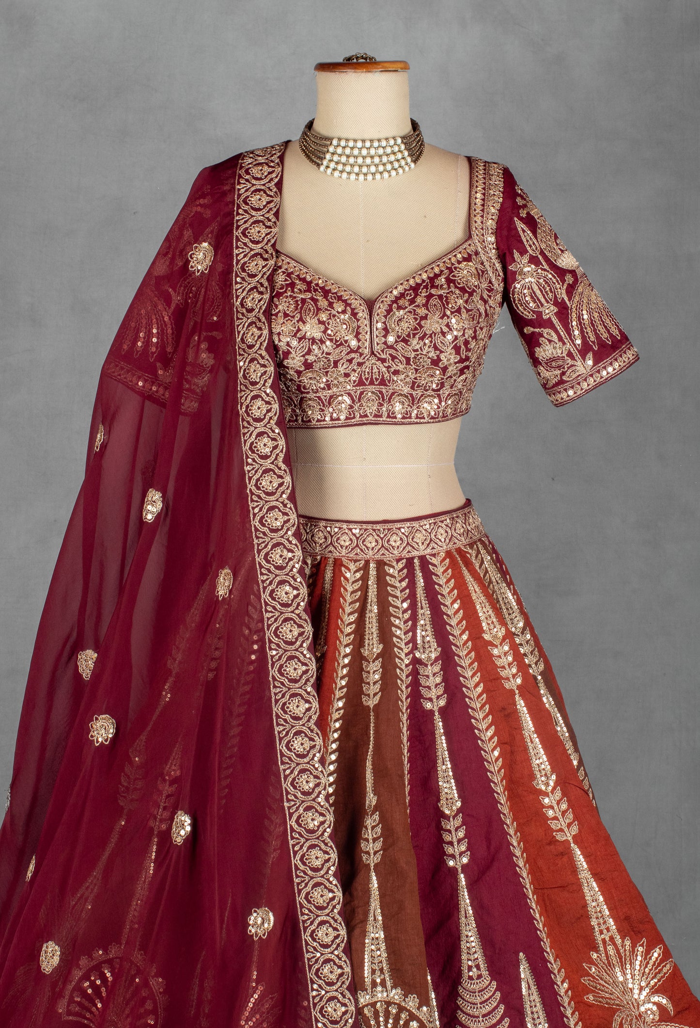 Multitone Maroon & Rust Heavy Embroidered Bridal Lehenga Set with Designer Blouse & Dupatta | Luxury Wedding Wear