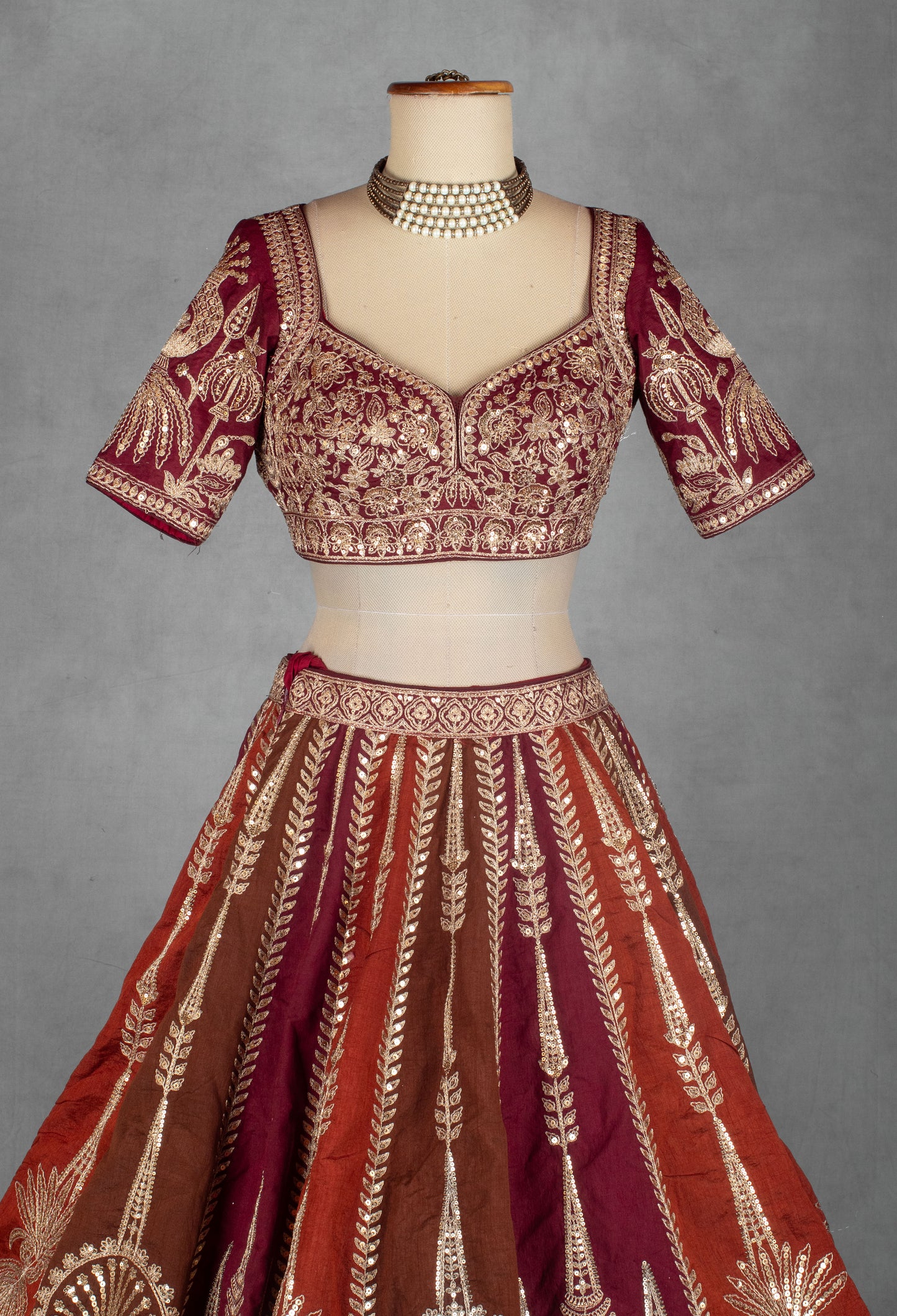 Multitone Maroon & Rust Heavy Embroidered Bridal Lehenga Set with Designer Blouse & Dupatta | Luxury Wedding Wear