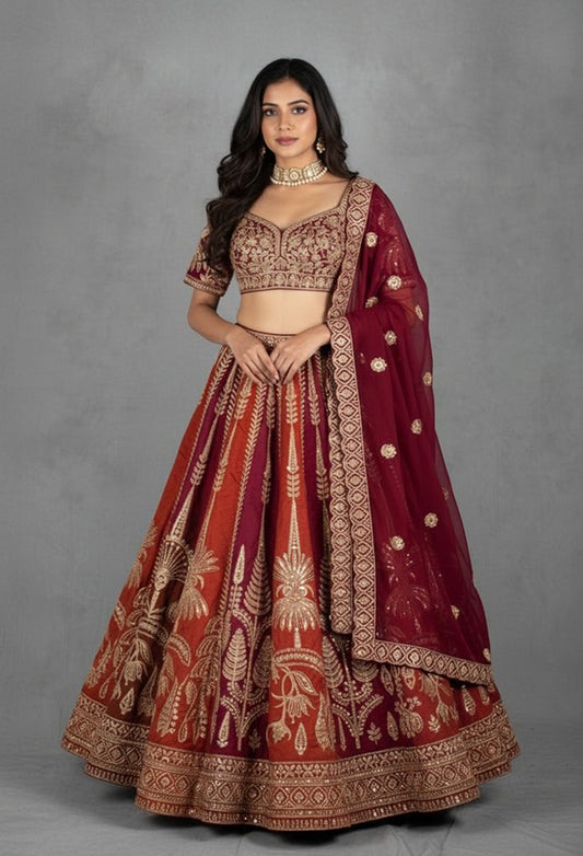 Multitone Maroon & Rust Heavy Embroidered Bridal Lehenga Set with Designer Blouse & Dupatta | Luxury Wedding Wear