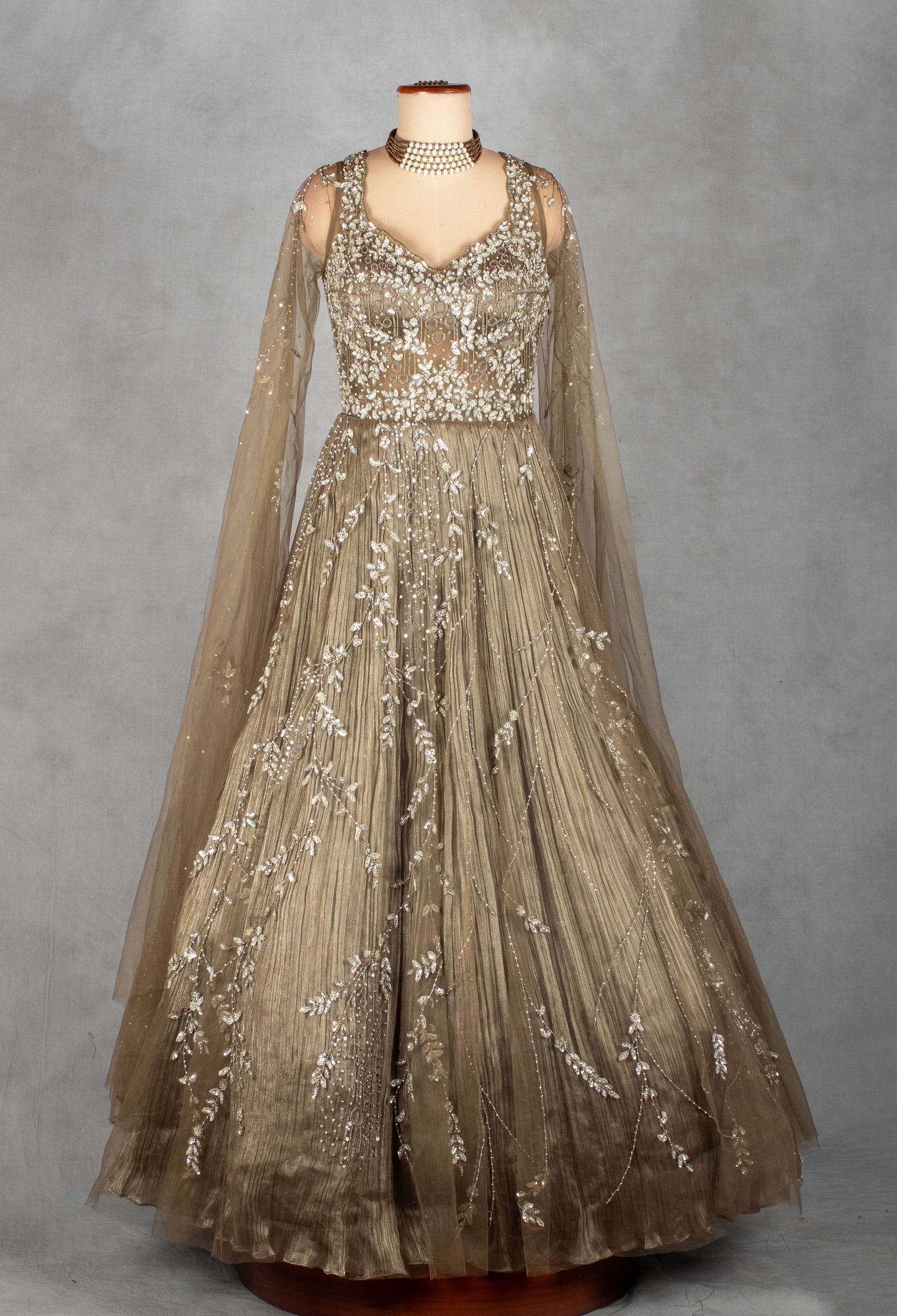 Champagne Gold Hand-Embroidered Net Gown with Sequins & Crystal Detailing