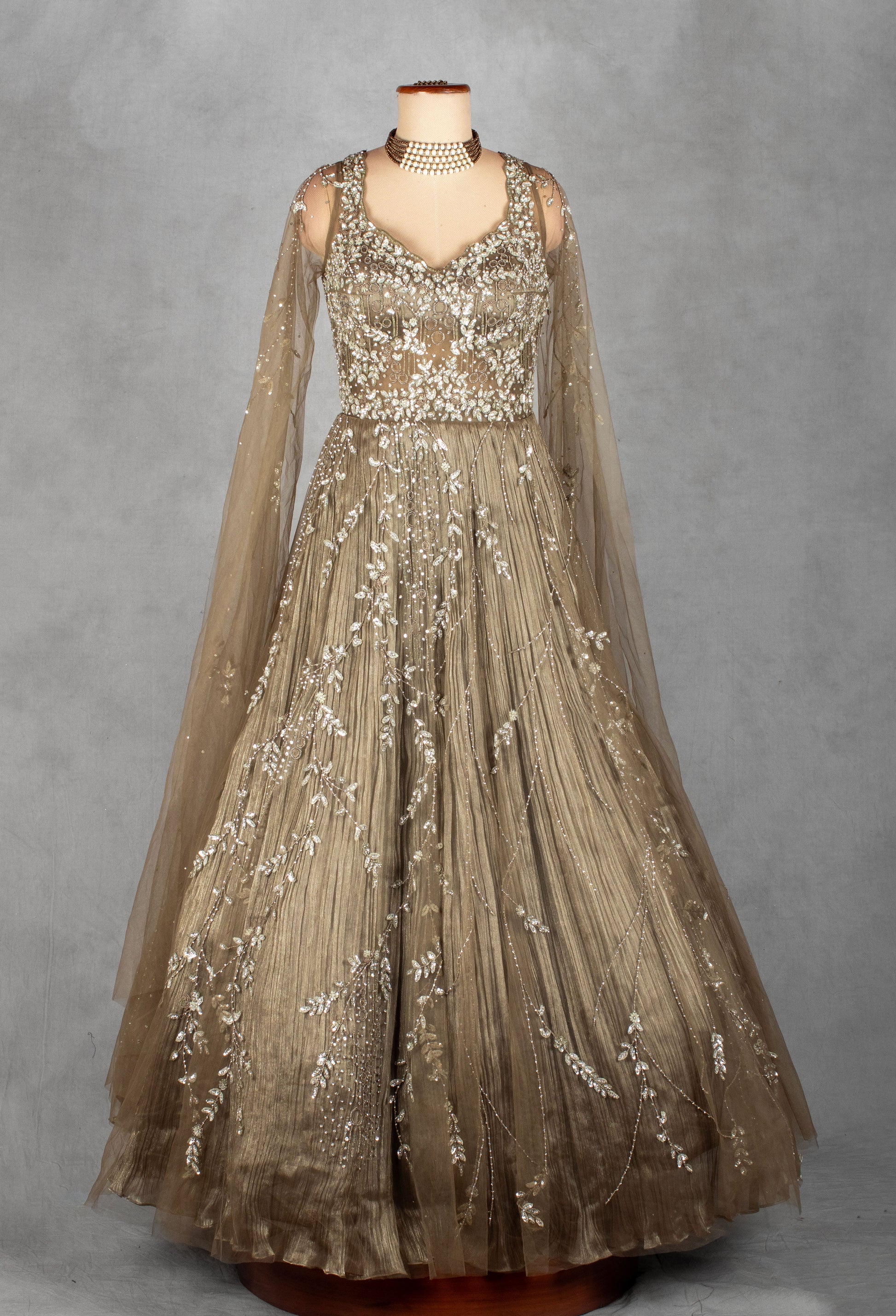 Champagne Gold | Champagne gold hand-embroidered net gown with crystal detailing – product image 2 | 2