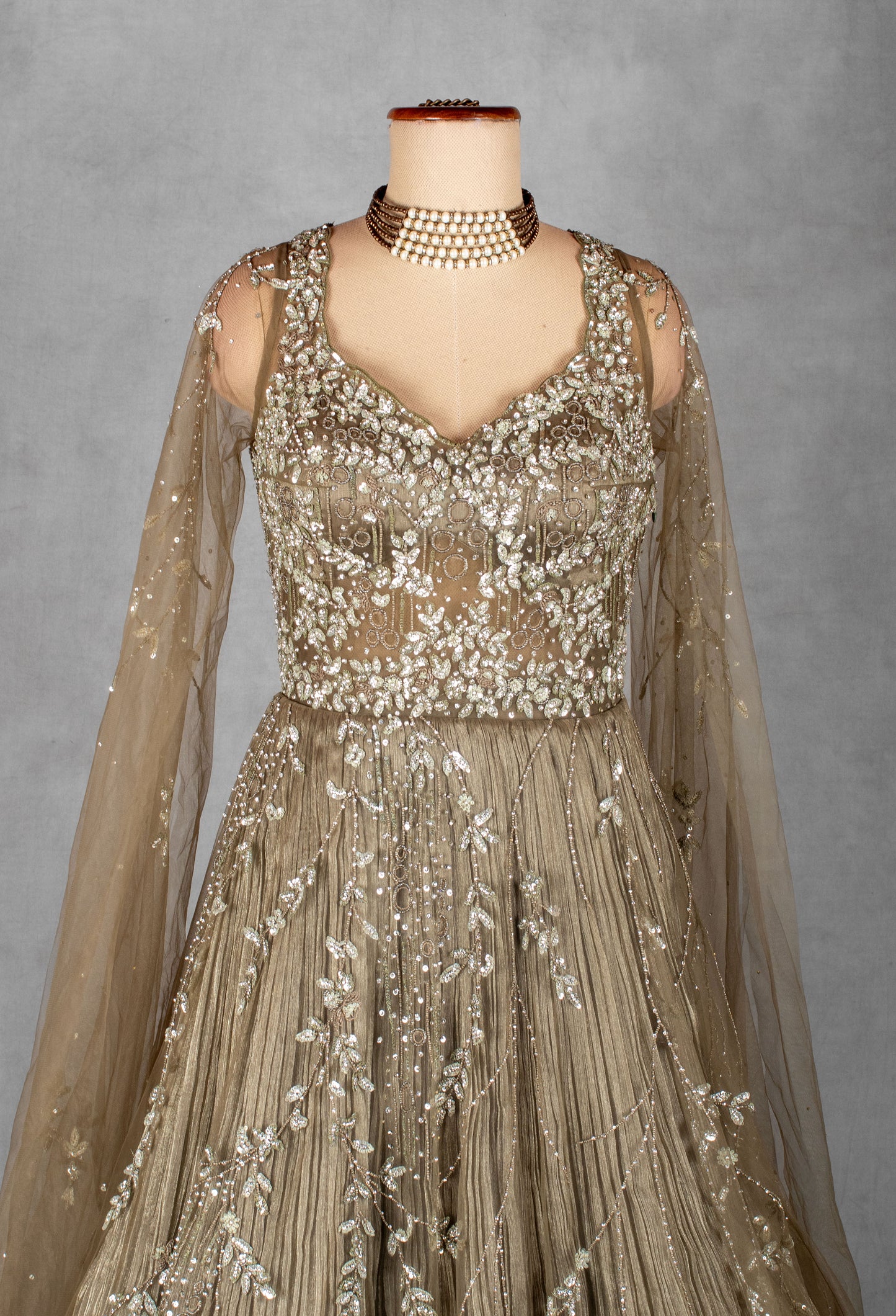 Champagne Gold Hand-Embroidered Net Gown with Sequins & Crystal Detailing