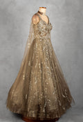 Champagne Gold Hand-Embroidered Net Gown with Sequins & Crystal Detailing
