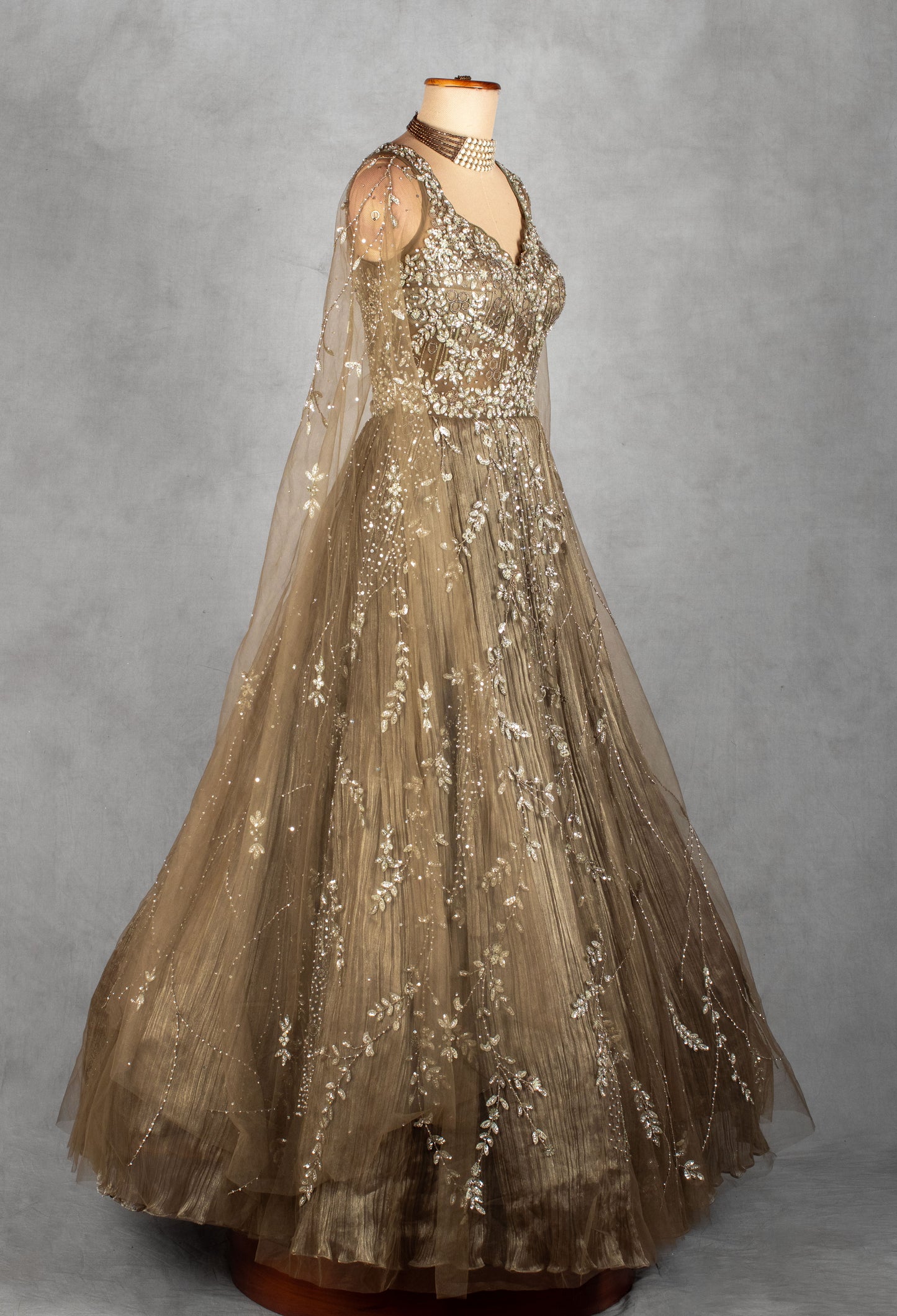 Champagne Gold Hand-Embroidered Net Gown with Sequins & Crystal Detailing