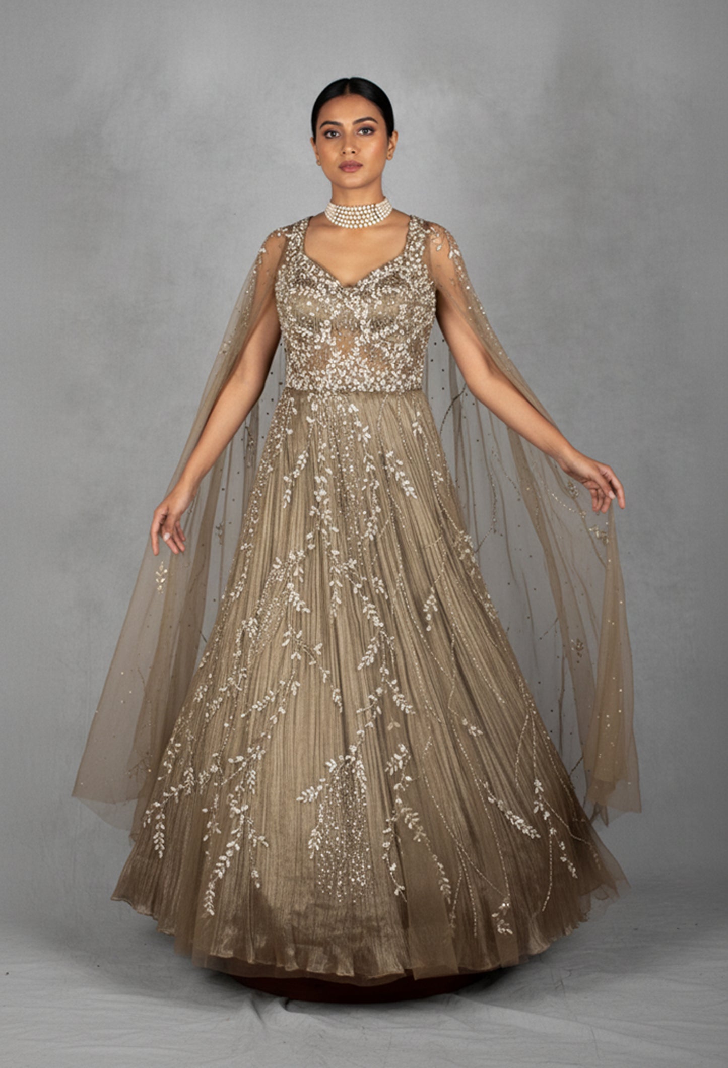 Champagne Gold Hand-Embroidered Net Gown with Sequins & Crystal Detailing