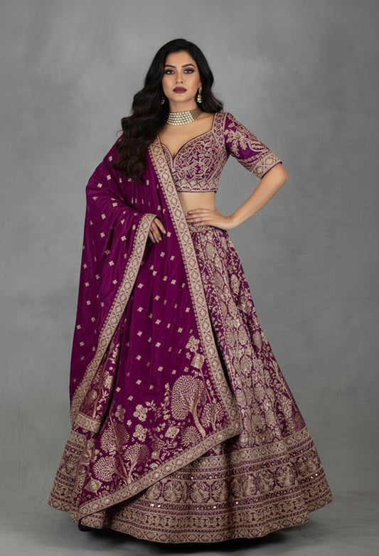 Royal Purple Heavy Embroidered Bridal Lehenga Set with Designer Blouse & Dupatta | Luxury Wedding Wear