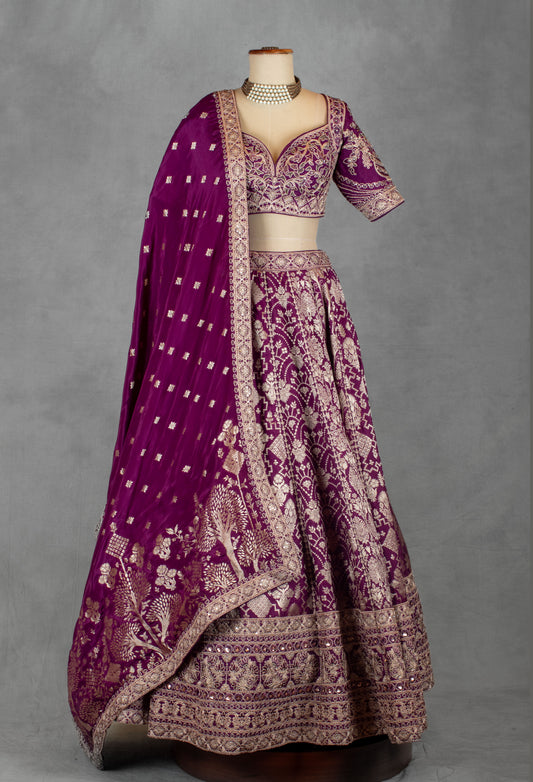 Royal purple heavy embroidered bridal lehenga with designer blouse – product image 2