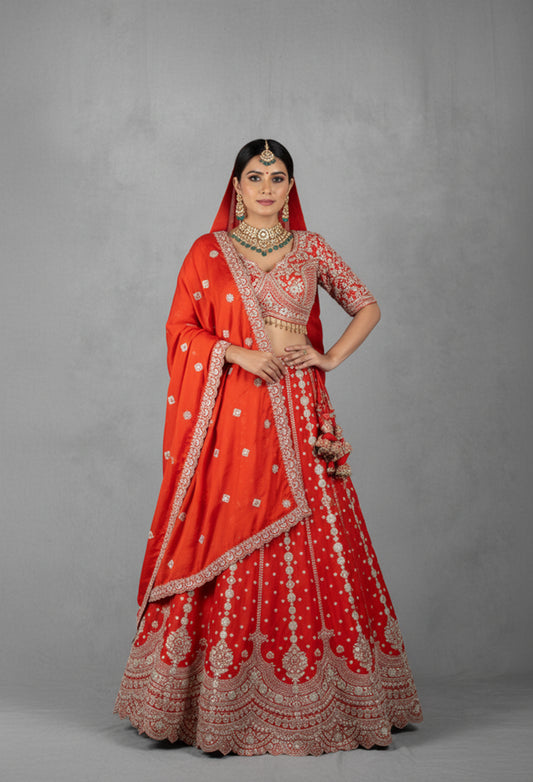 Bright Orange Heavy Embroidered Bridal Lehenga Set with Designer Crop Top & Dupatta