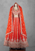Bright Orange Heavy Embroidered Bridal Lehenga Set with Designer Crop Top & Dupatta