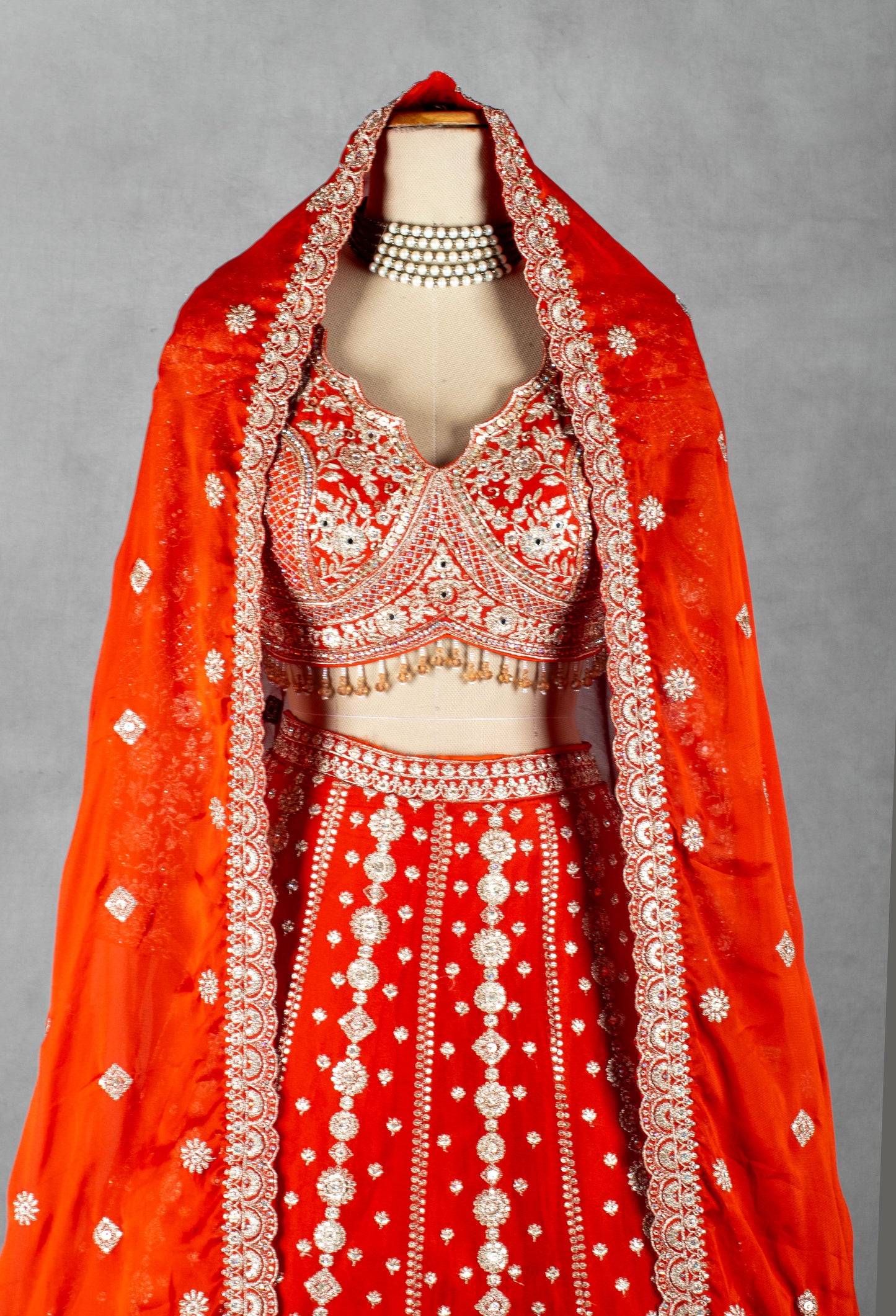 Bright Orange Heavy Embroidered Bridal Lehenga Set with Designer Crop Top & Dupatta