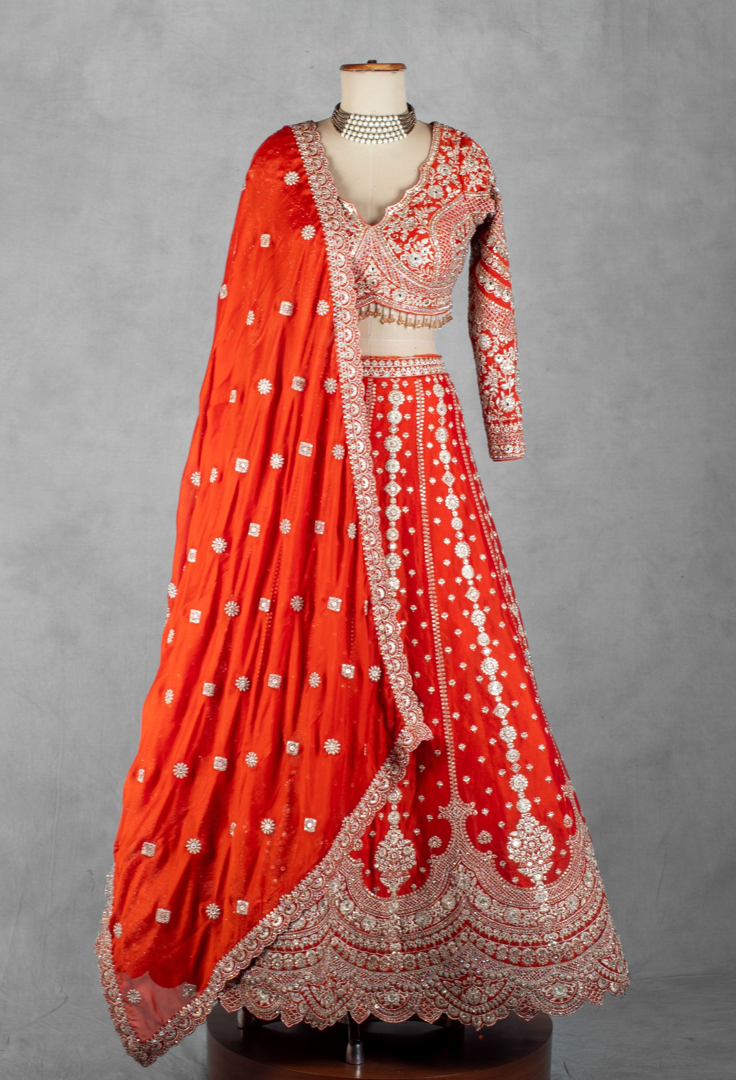 Bright Orange Heavy Embroidered Bridal Lehenga Set with Designer Crop Top & Dupatta