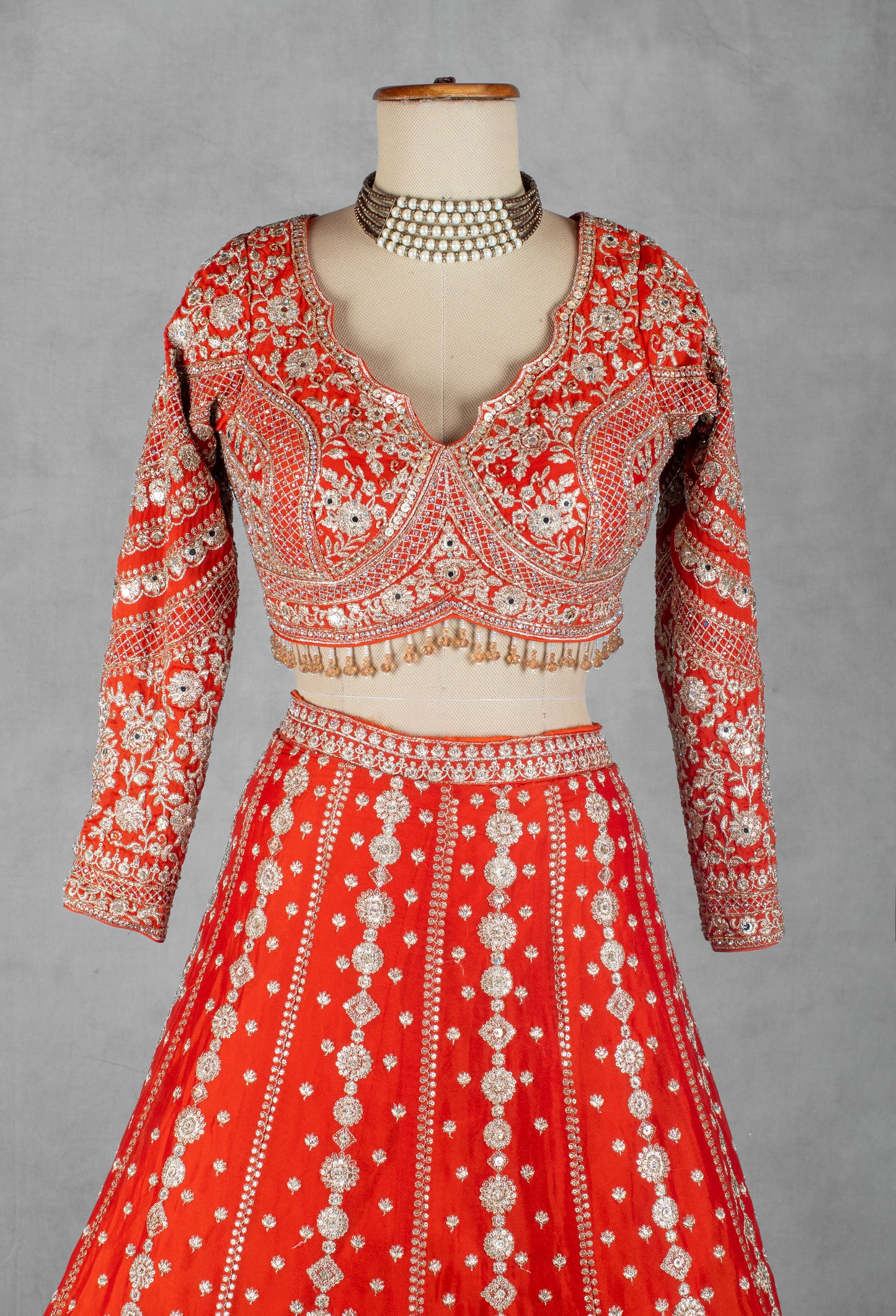 Bright Orange Heavy Embroidered Bridal Lehenga Set with Designer Crop Top & Dupatta