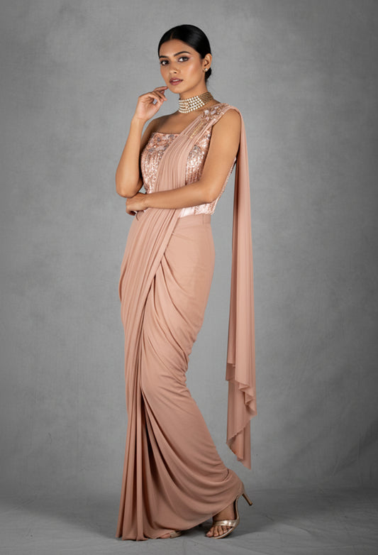 Nude Embellished Drape Saree Gown with Designer Sequin Bustier