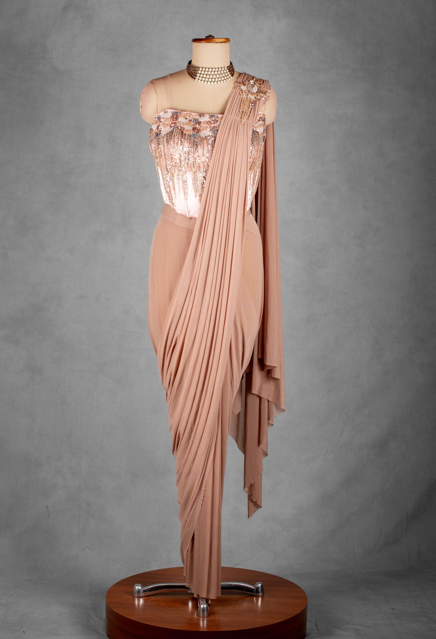 Nude Embellished Drape Saree Gown with Designer Sequin Bustier