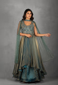 Teal Green Embellished Layered Gown with Cut-Out Back & Net Dupatta | Designer Evening & Festive Wear