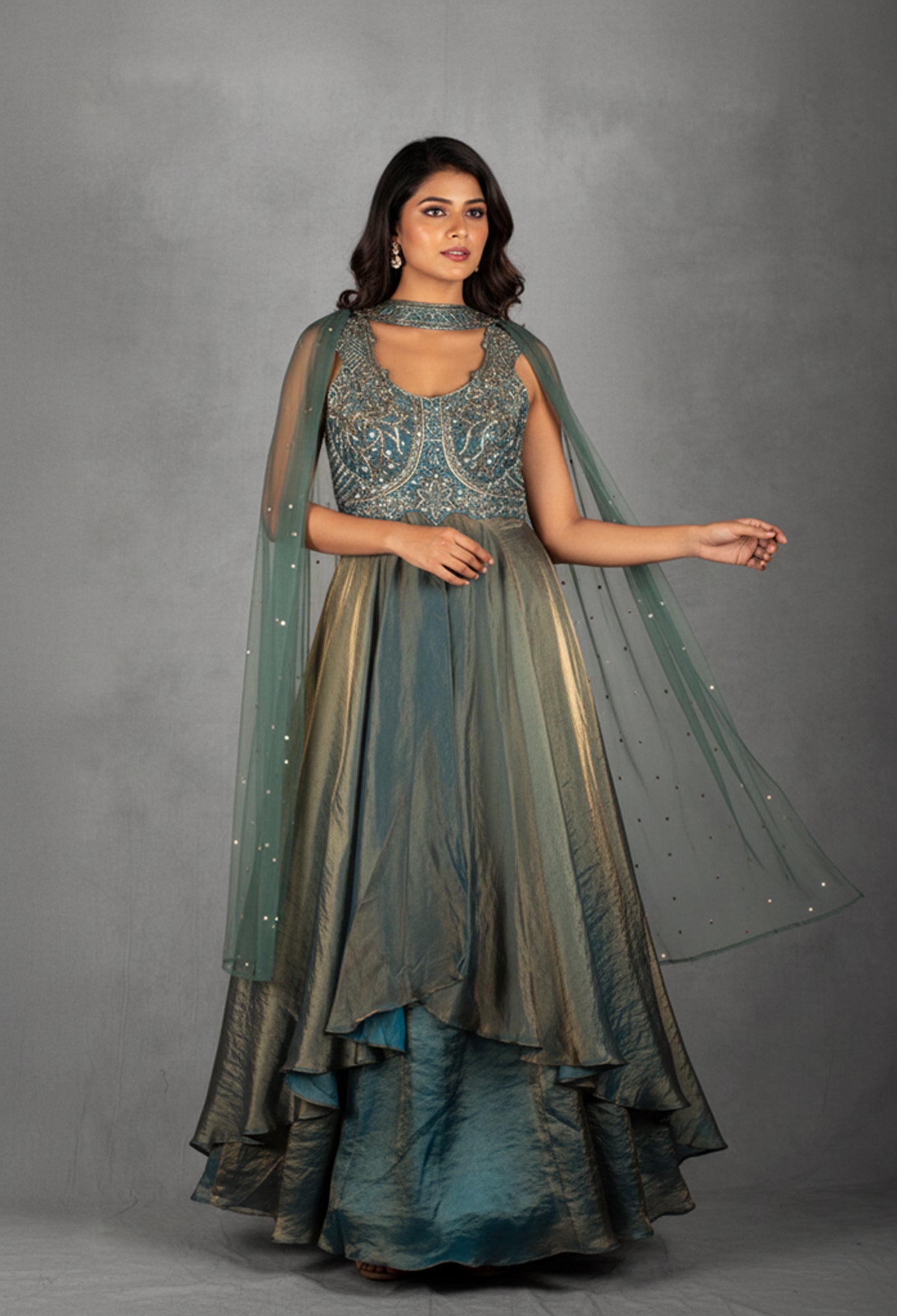 Teal Green Embellished Layered Gown with Cut-Out Back & Net Dupatta | Designer Evening & Festive Wear