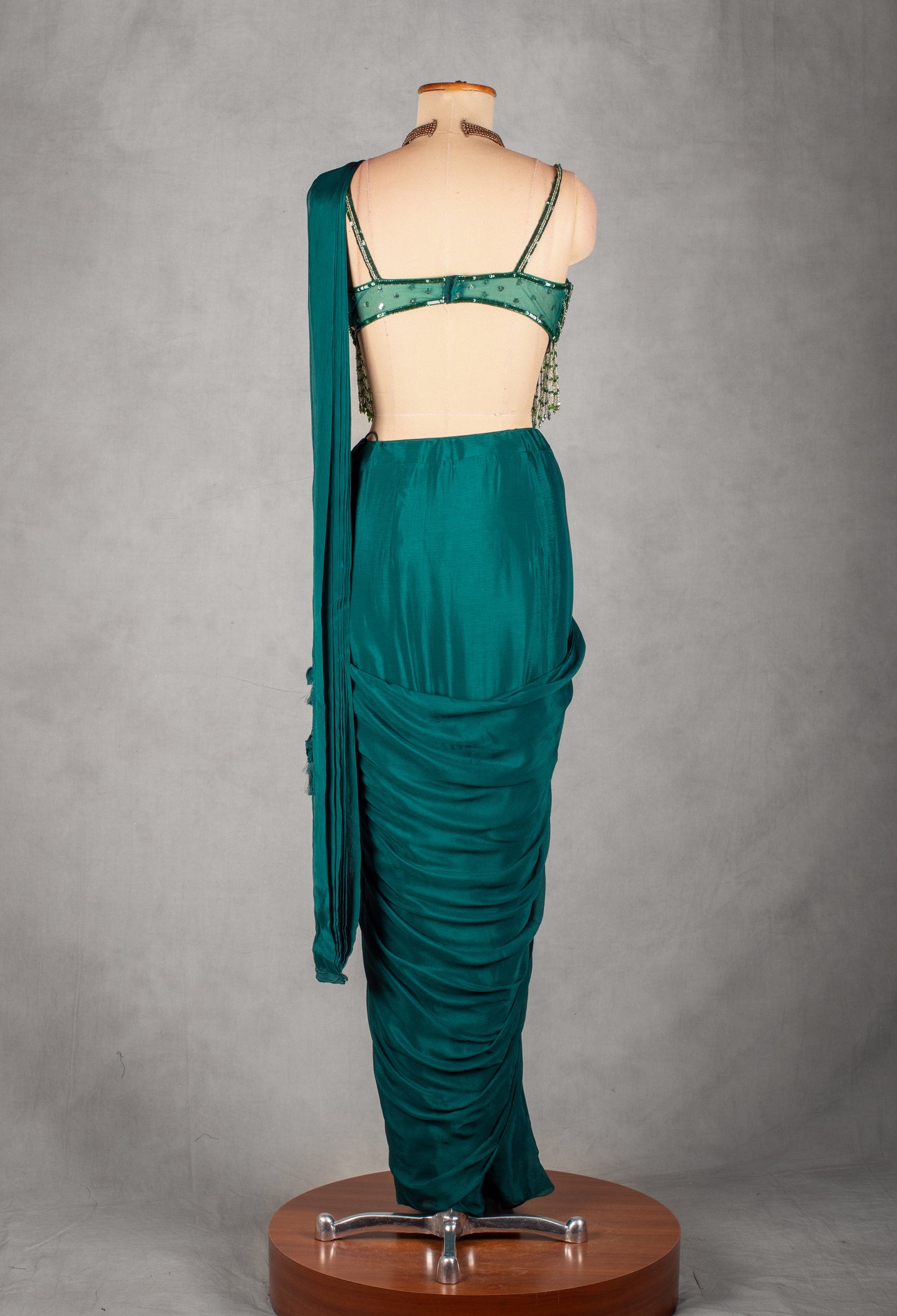 Emerald Green Designer Drape Saree with Hand-Embellished Sequin Blouse