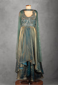 Teal Green Embellished Layered Gown with Cut-Out Back & Net Dupatta | Designer Evening & Festive Wear
