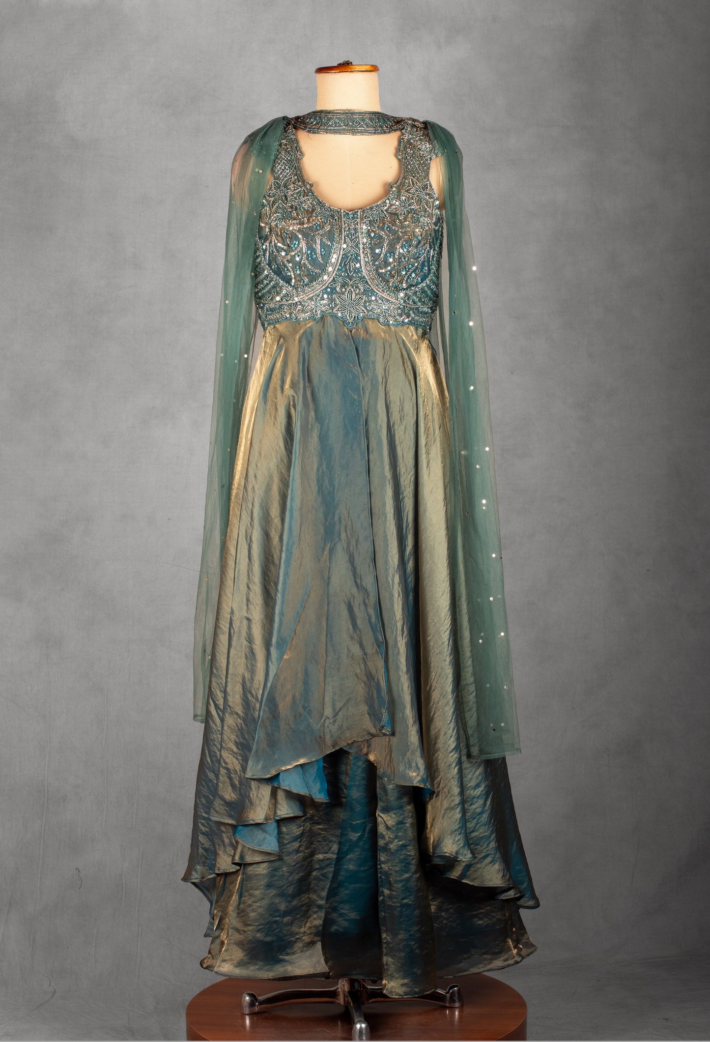 Teal Green Embellished Layered Gown with Cut-Out Back & Net Dupatta | Designer Evening & Festive Wear