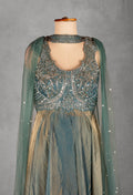 Teal Green Embellished Layered Gown with Cut-Out Back & Net Dupatta | Designer Evening & Festive Wear