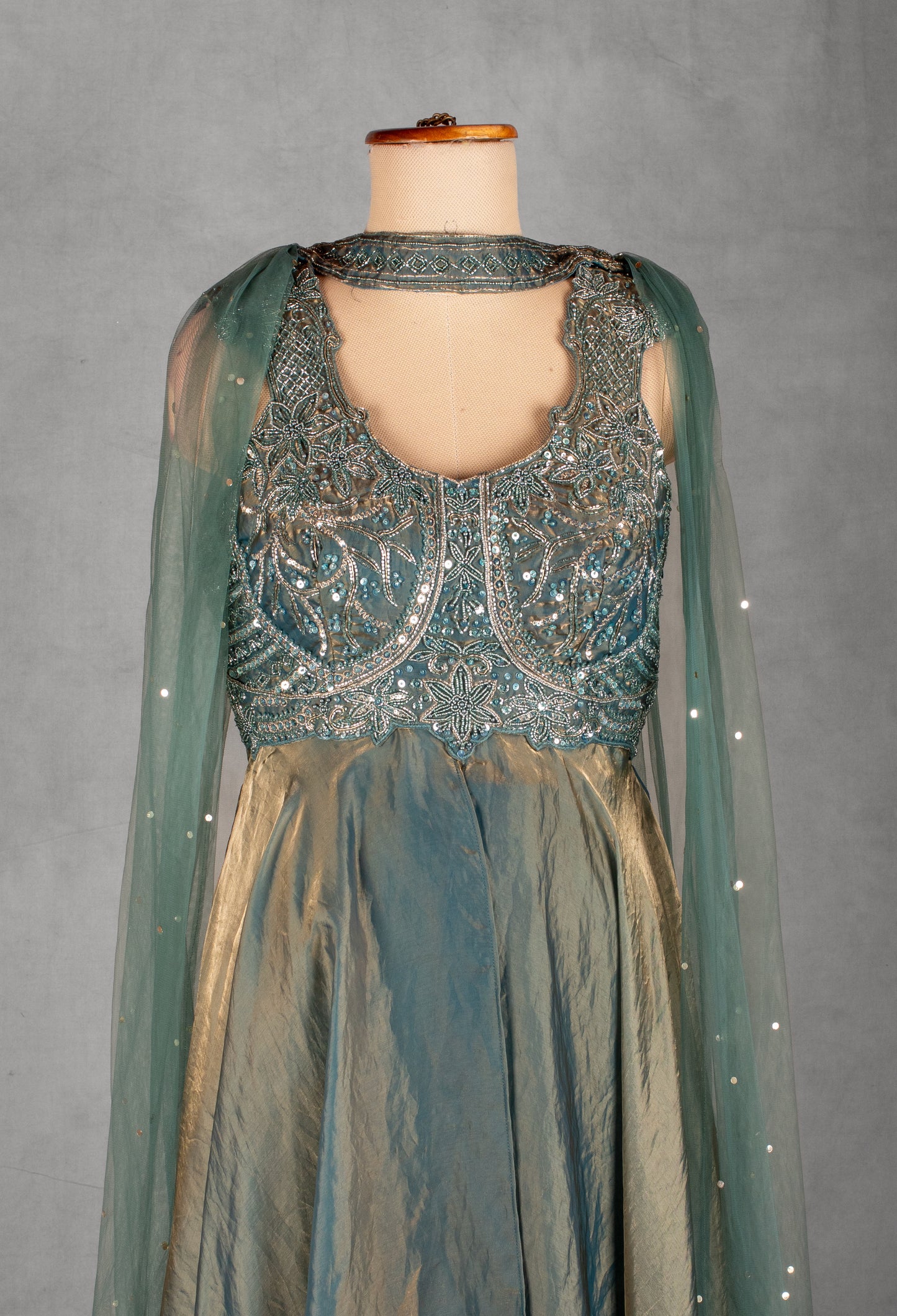 Teal Green Embellished Layered Gown with Cut-Out Back & Net Dupatta | Designer Evening & Festive Wear