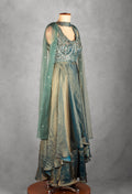 Teal Green Embellished Layered Gown with Cut-Out Back & Net Dupatta | Designer Evening & Festive Wear