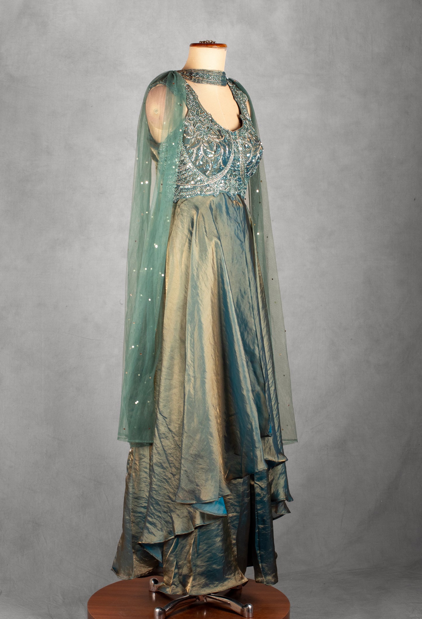 Teal Green Embellished Layered Gown with Cut-Out Back & Net Dupatta | Designer Evening & Festive Wear