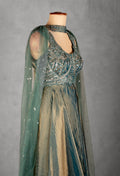 Teal Green Embellished Layered Gown with Cut-Out Back & Net Dupatta | Designer Evening & Festive Wear