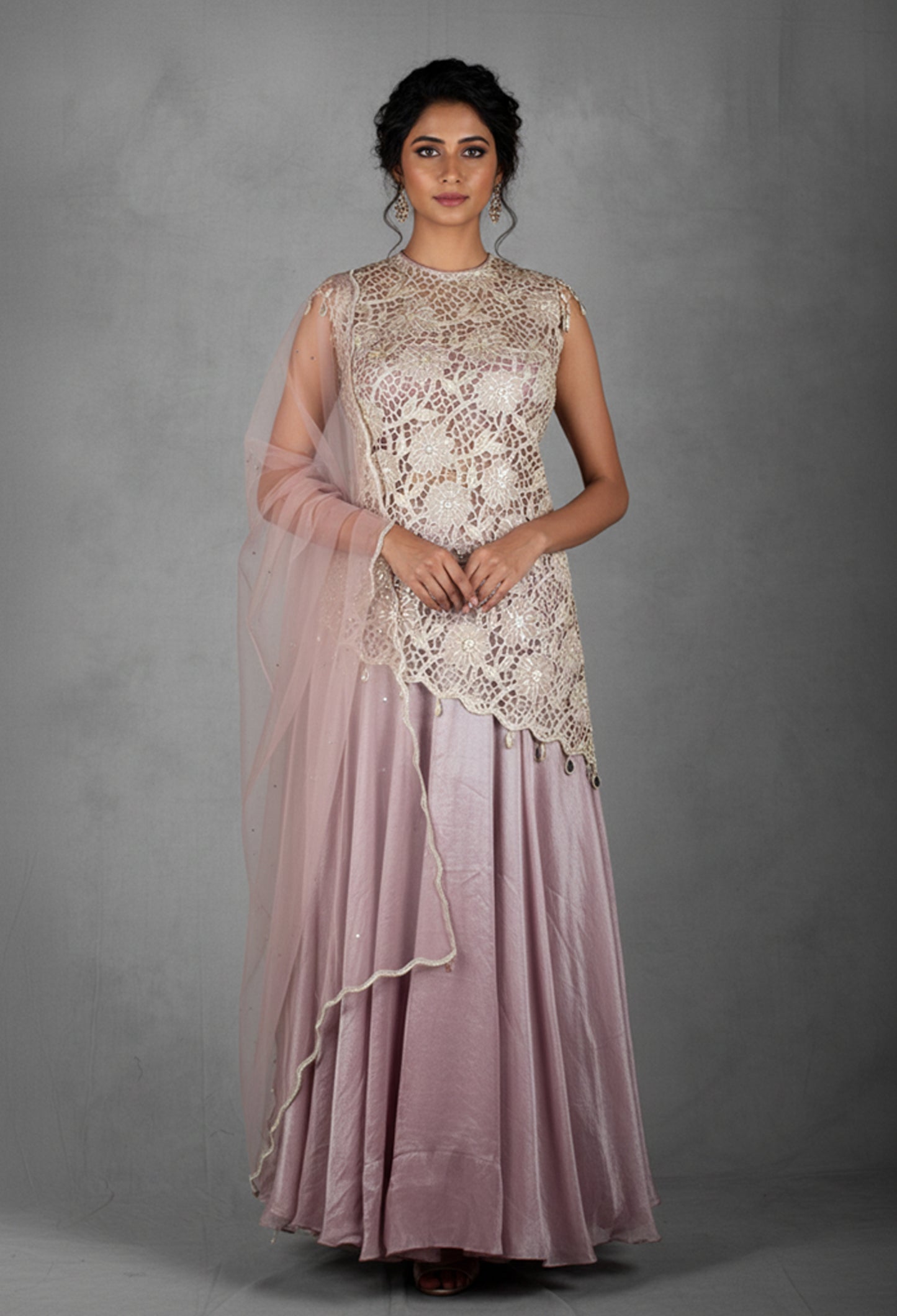 Mauve Embroidered Asymmetrical Top and Lehenga Set with Net Dupatta | Designer Festive & Wedding Wear