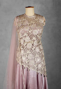 Mauve Embroidered Asymmetrical Top and Lehenga Set with Net Dupatta | Designer Festive & Wedding Wear