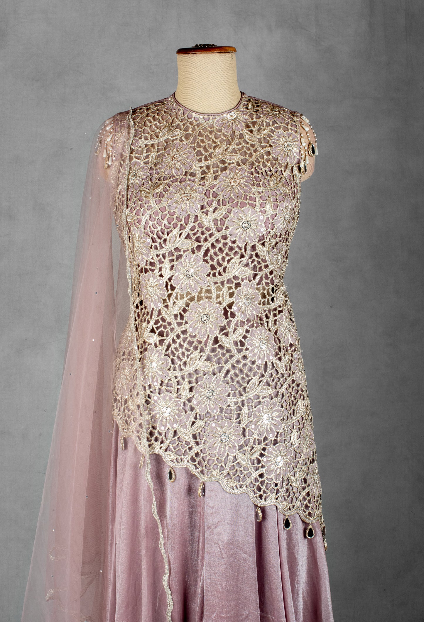 Mauve Embroidered Asymmetrical Top and Lehenga Set with Net Dupatta | Designer Festive & Wedding Wear