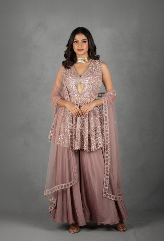 Dusty Rose Sequin Embellished Peplum Lehenga Set with Net Dupatta | Designer Wedding & Festive Wear