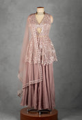 Dusty Rose Sequin Embellished Peplum Lehenga Set with Net Dupatta | Designer Wedding & Festive Wear