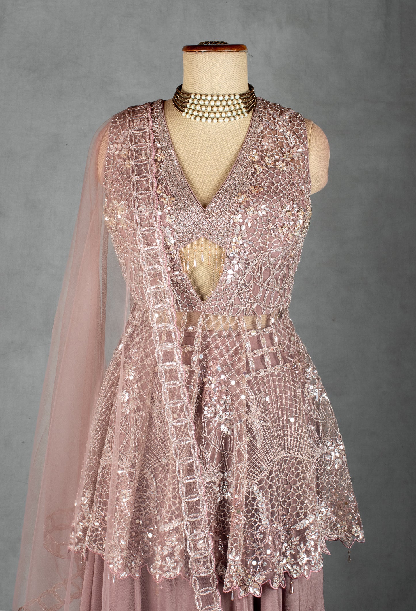 Dusty Rose Sequin Embellished Peplum Lehenga Set with Net Dupatta | Designer Wedding & Festive Wear