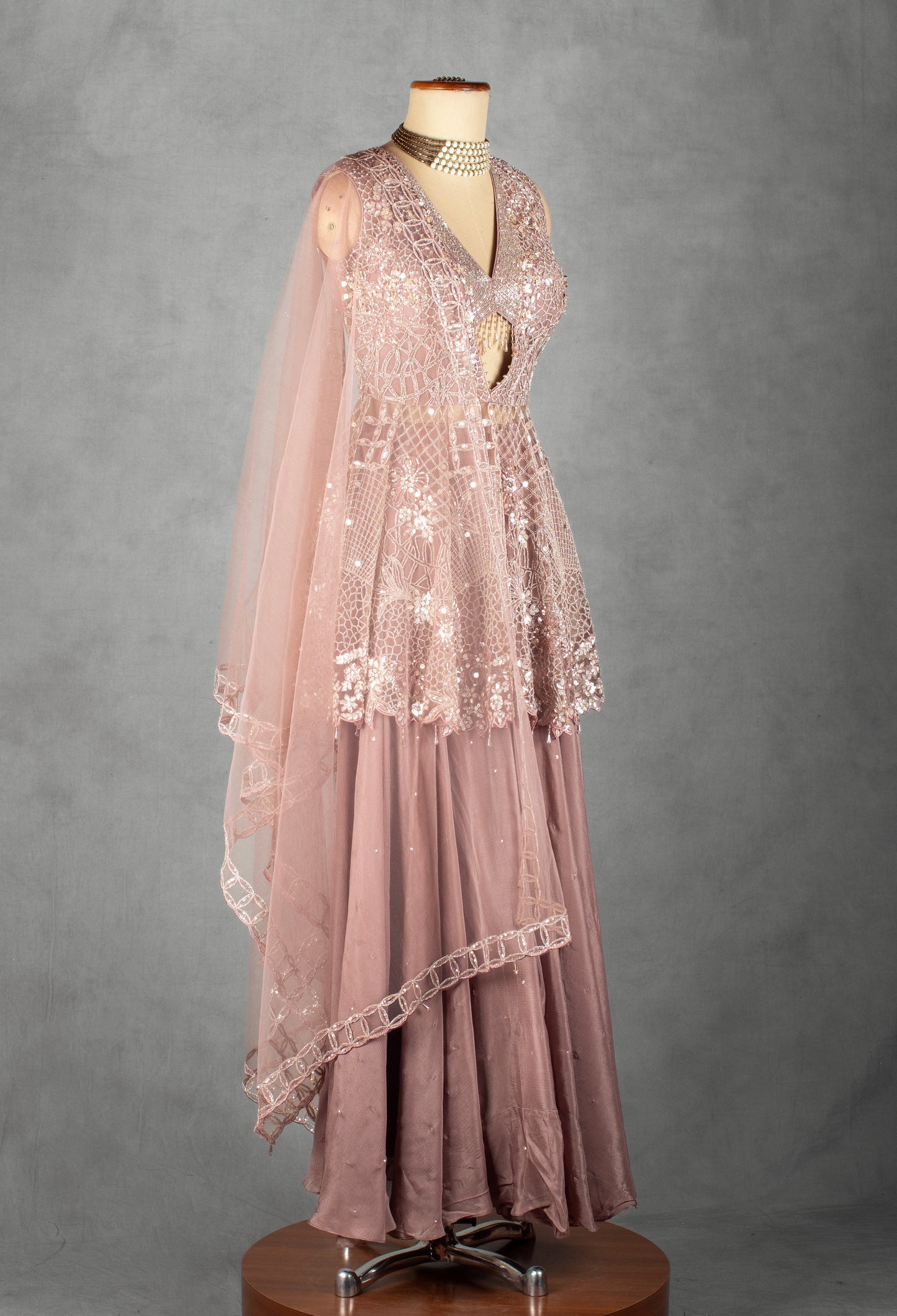 Dusty Rose Sequin Embellished Peplum Lehenga Set with Net Dupatta | Designer Wedding & Festive Wear