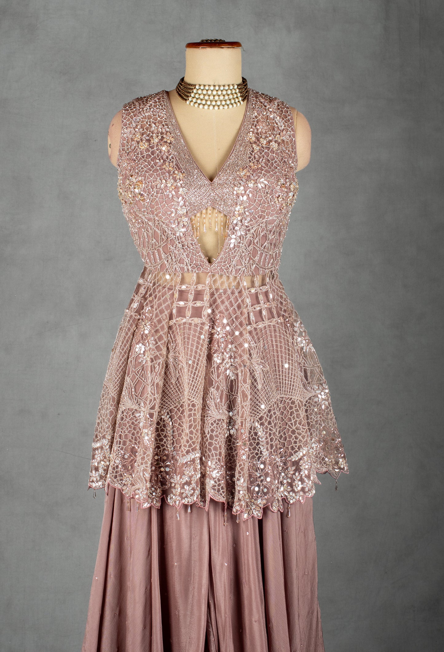 Dusty Rose Sequin Embellished Peplum Lehenga Set with Net Dupatta | Designer Wedding & Festive Wear