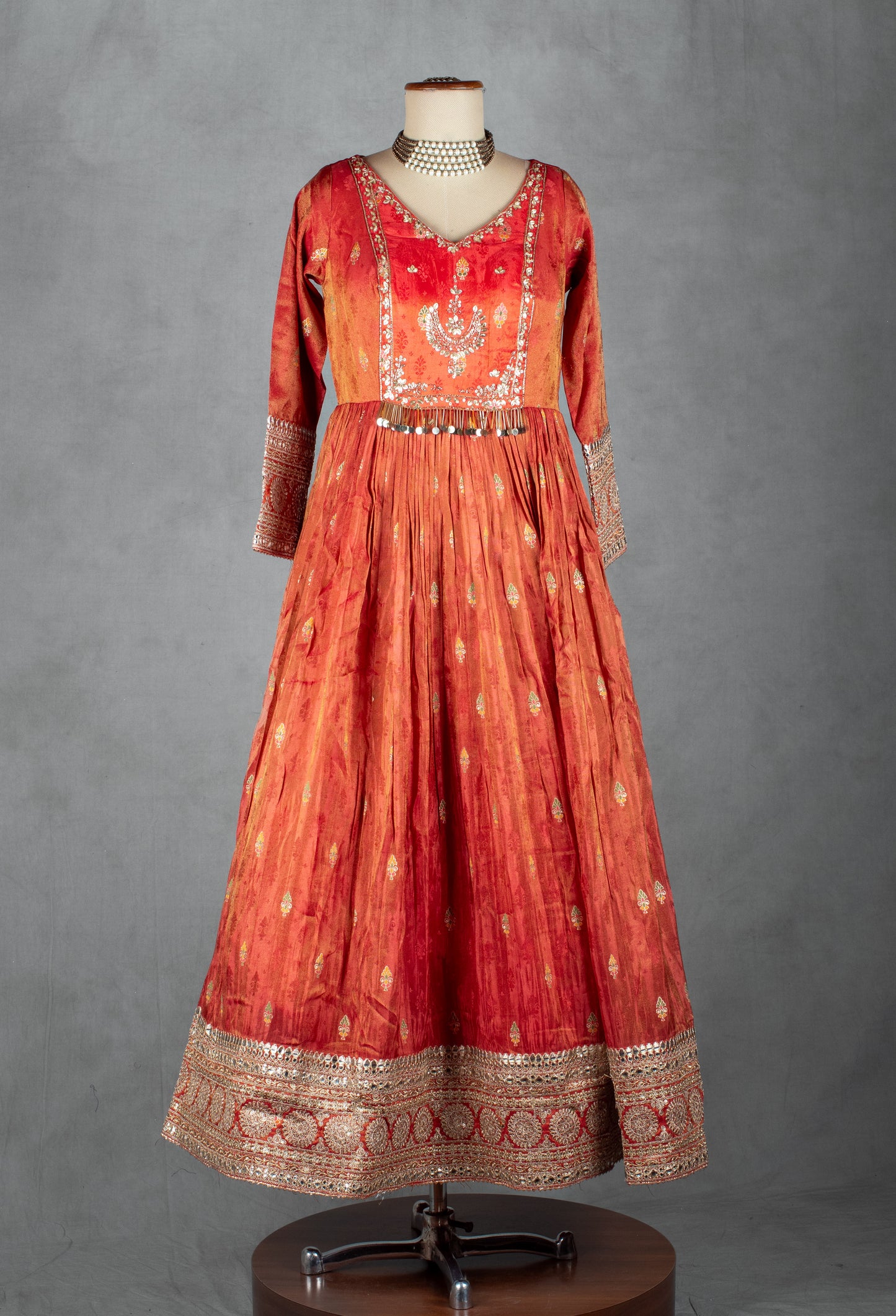 Orange Hand-Embroidered Silk Anarkali Set with Matching Dupatta