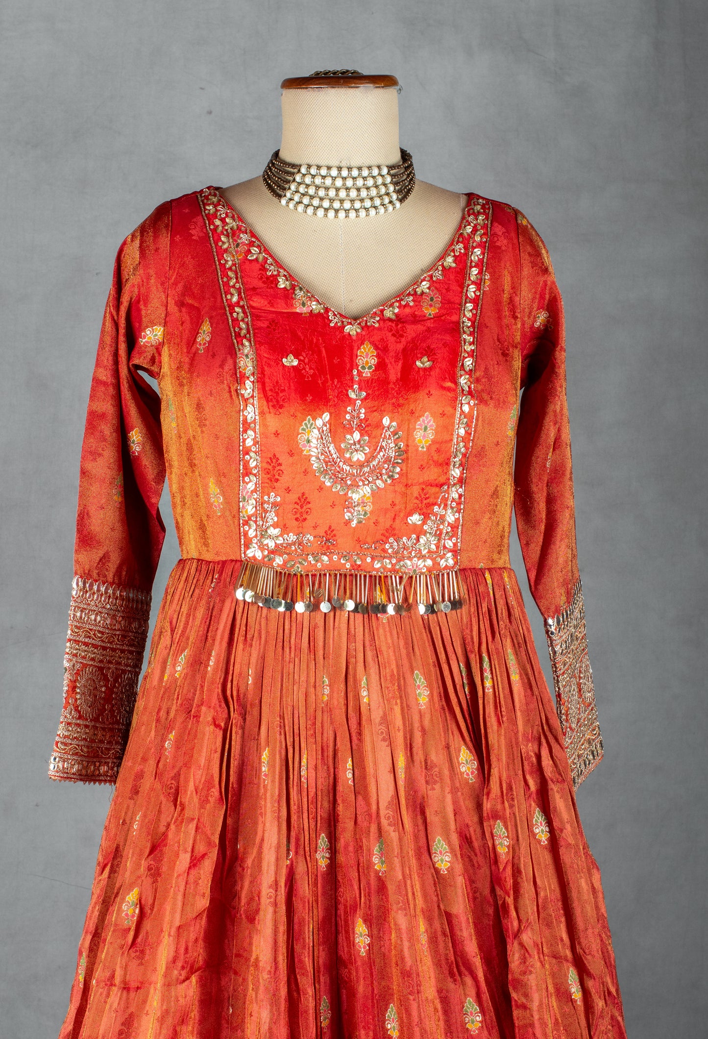 Orange Hand-Embroidered Silk Anarkali Set with Matching Dupatta