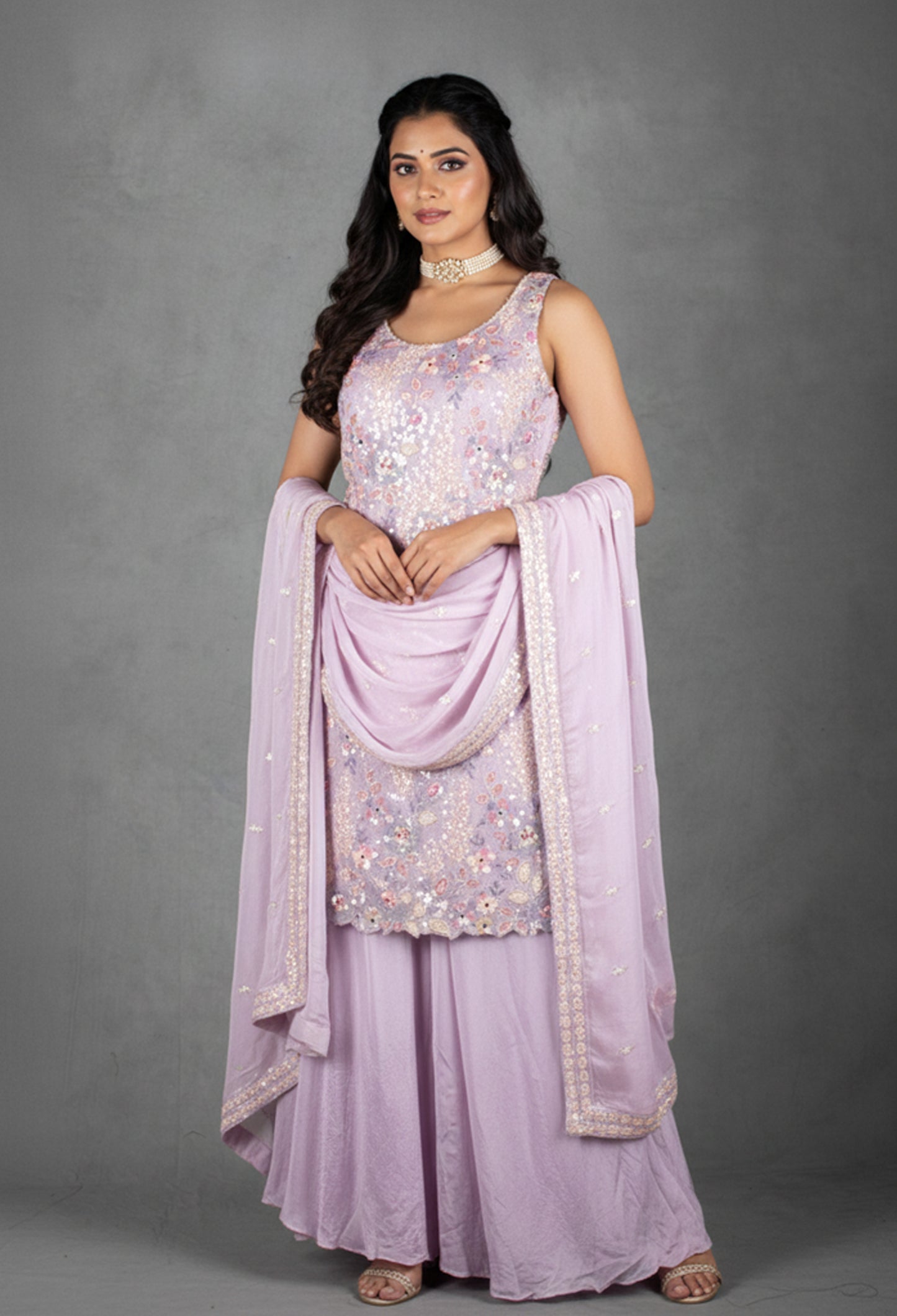 Lavender Sequin & Thread Embroidered Kurta Sharara Set with Matching Dupatta