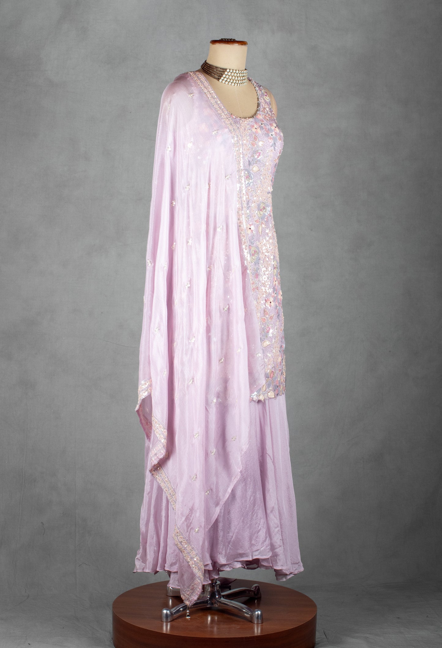 Lavender Sequin & Thread Embroidered Kurta Sharara Set with Matching Dupatta