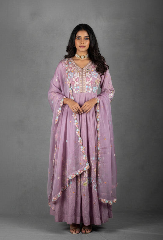 Lavender Floral Embroidered Anarkali Set with Matching Dupatta