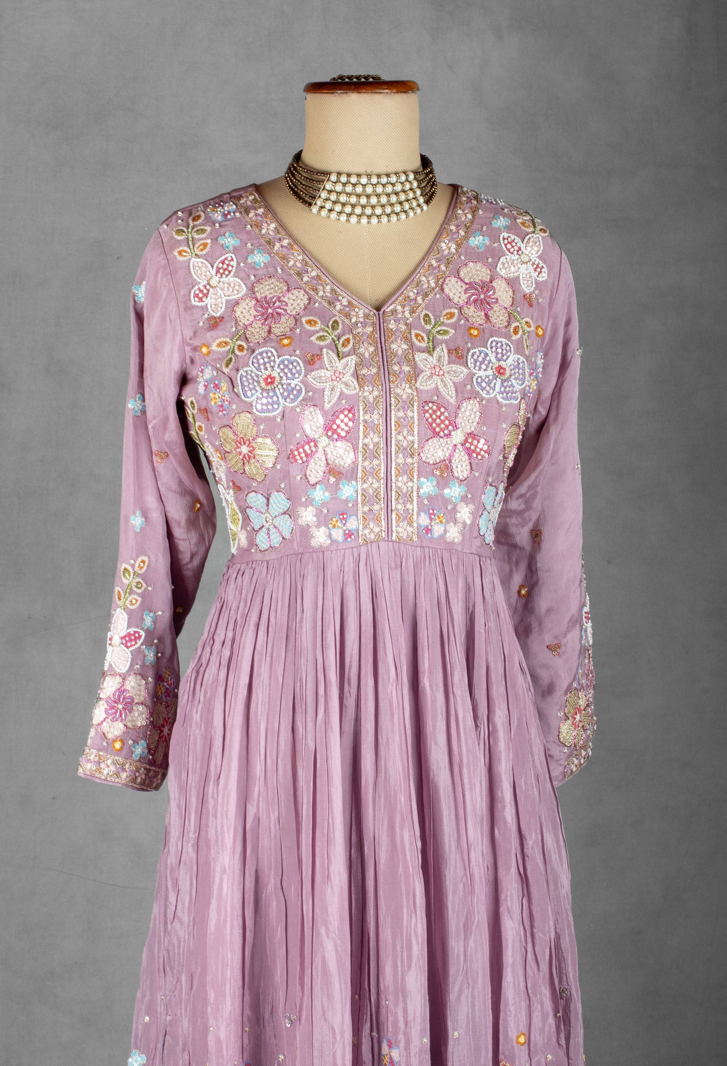 Lavender Floral Embroidered Anarkali Set with Matching Dupatta